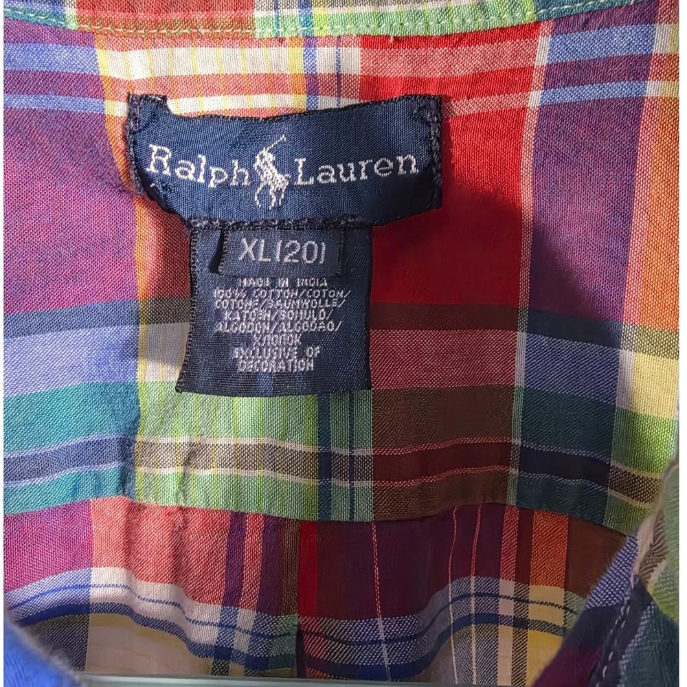 Ralph Lauren Boys XL 20 Multi Color Plaid Button Down Shirt Long Sleeve Cotton - Picture 8 of 12